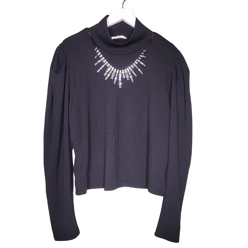 June & Hudson Mock Neck Ribbed Top XL Black Puff Sleeve‎ Rhinestones